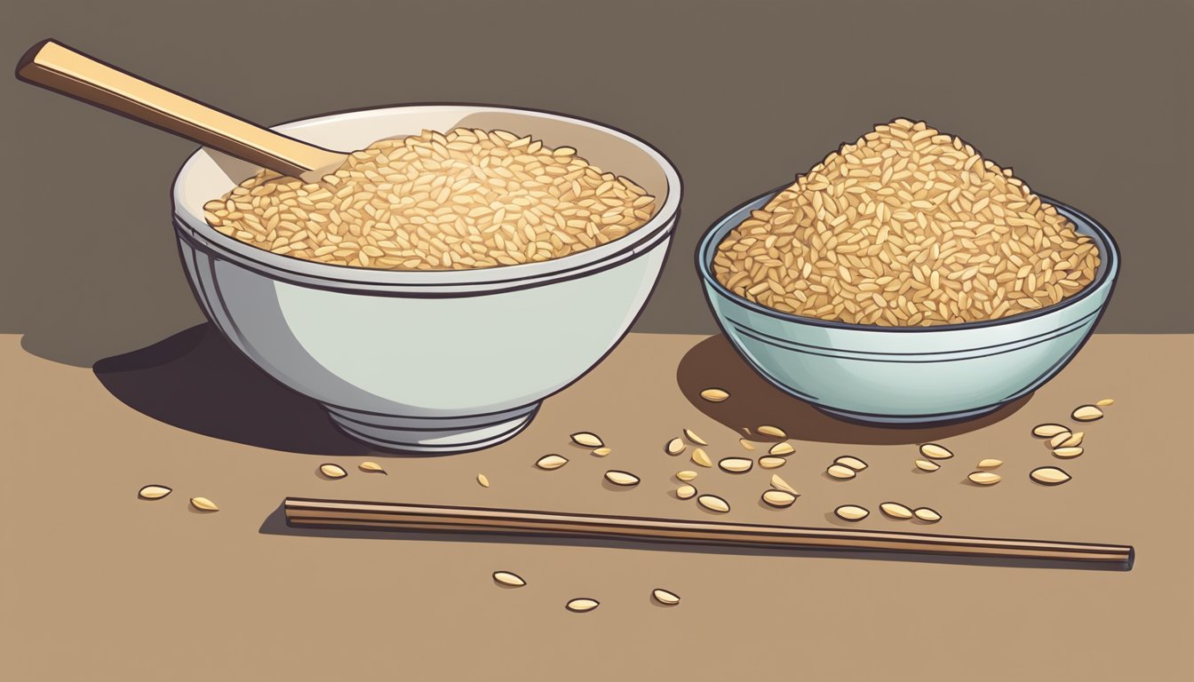 A bowl of brown rice overflowing onto a plate, with a measuring cup nearby