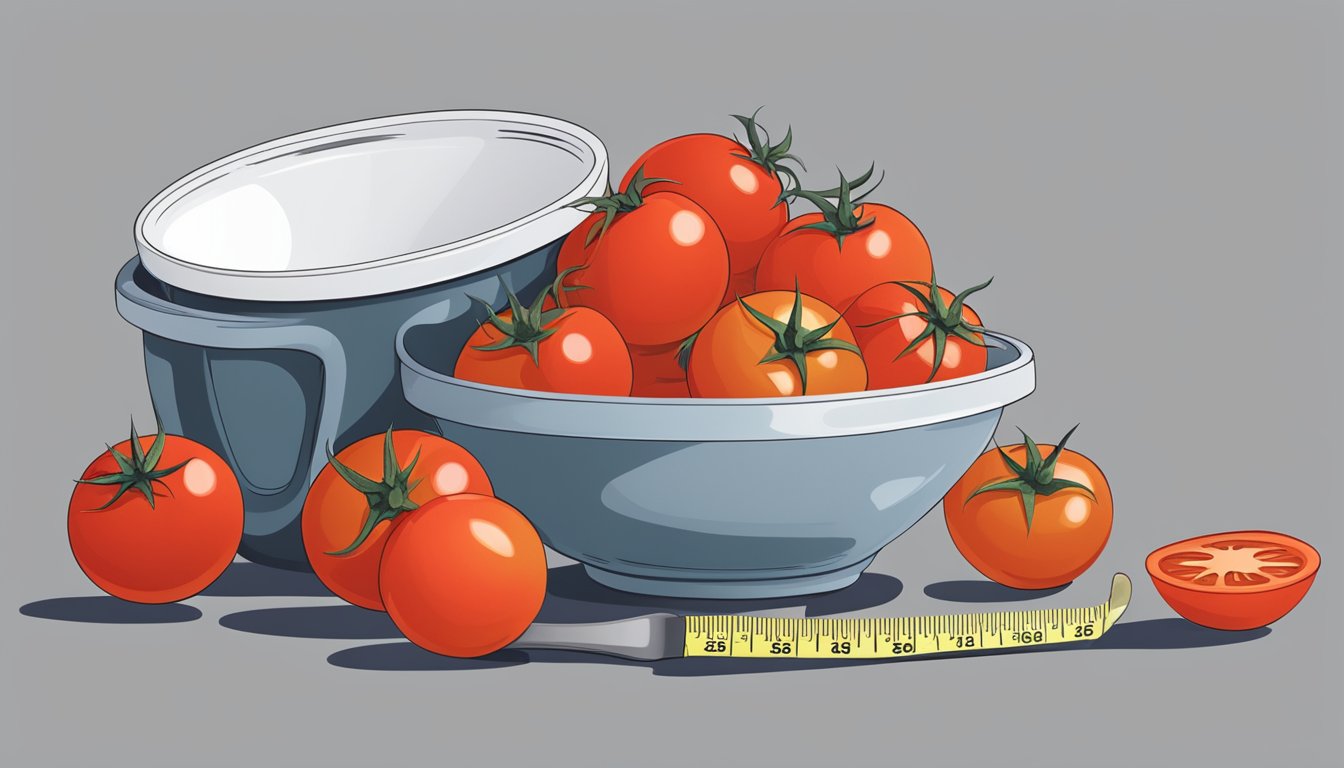 A pile of tomatoes with a measuring cup next to it, indicating portion size