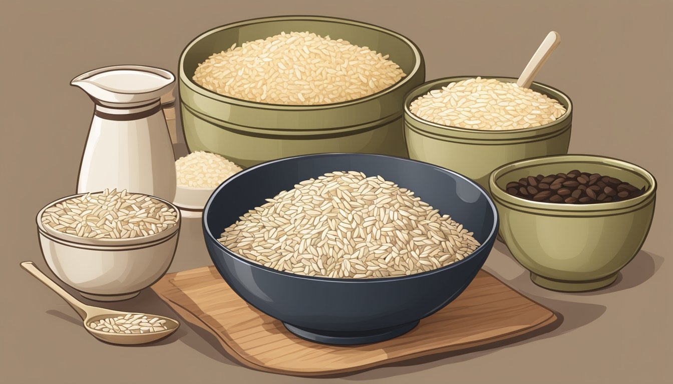 A table with various types of rice in bowls, a measuring cup, and a plate with a portion of brown rice