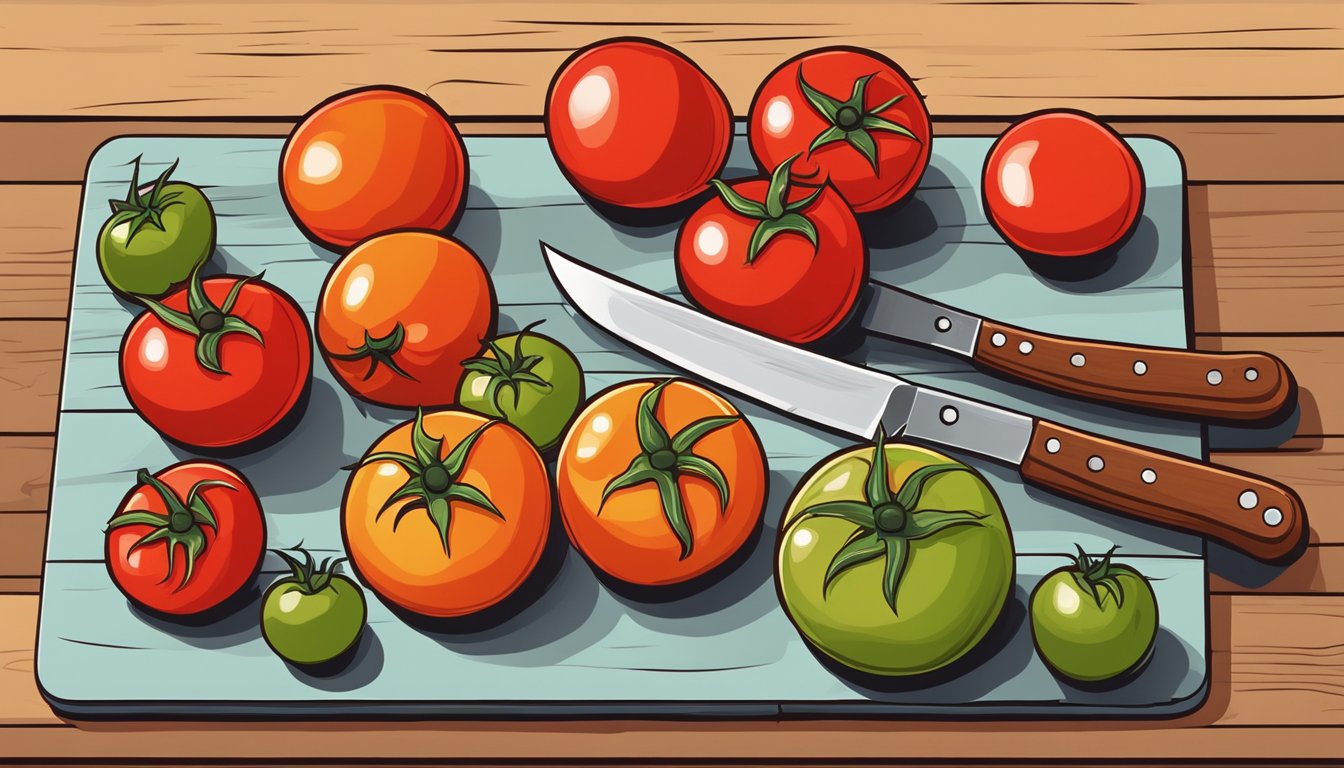 A colorful array of ripe tomatoes piled high on a wooden cutting board, with a knife nearby and a few tomatoes sliced open to reveal their juicy interior