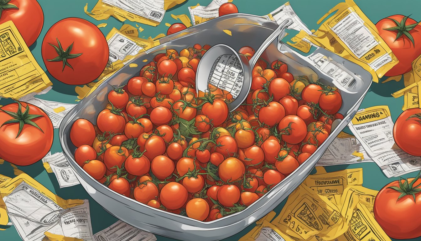 A pile of tomatoes overflowing from a measuring cup, surrounded by caution signs and warning labels