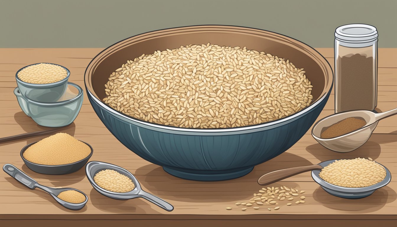 A bowl overflowing with brown rice, surrounded by measuring cups and a nutrition label