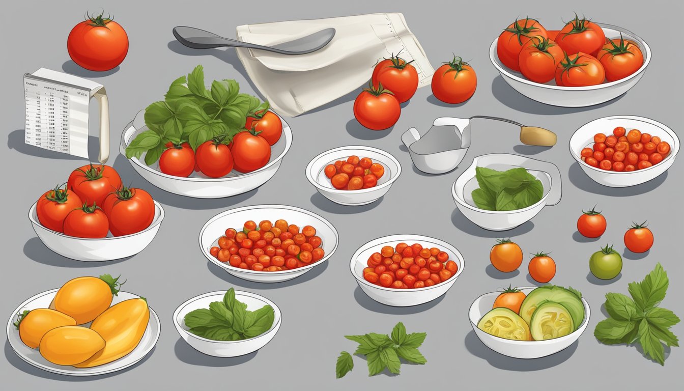 A table with various portions of tomatoes, a measuring cup, and a daily intake guide