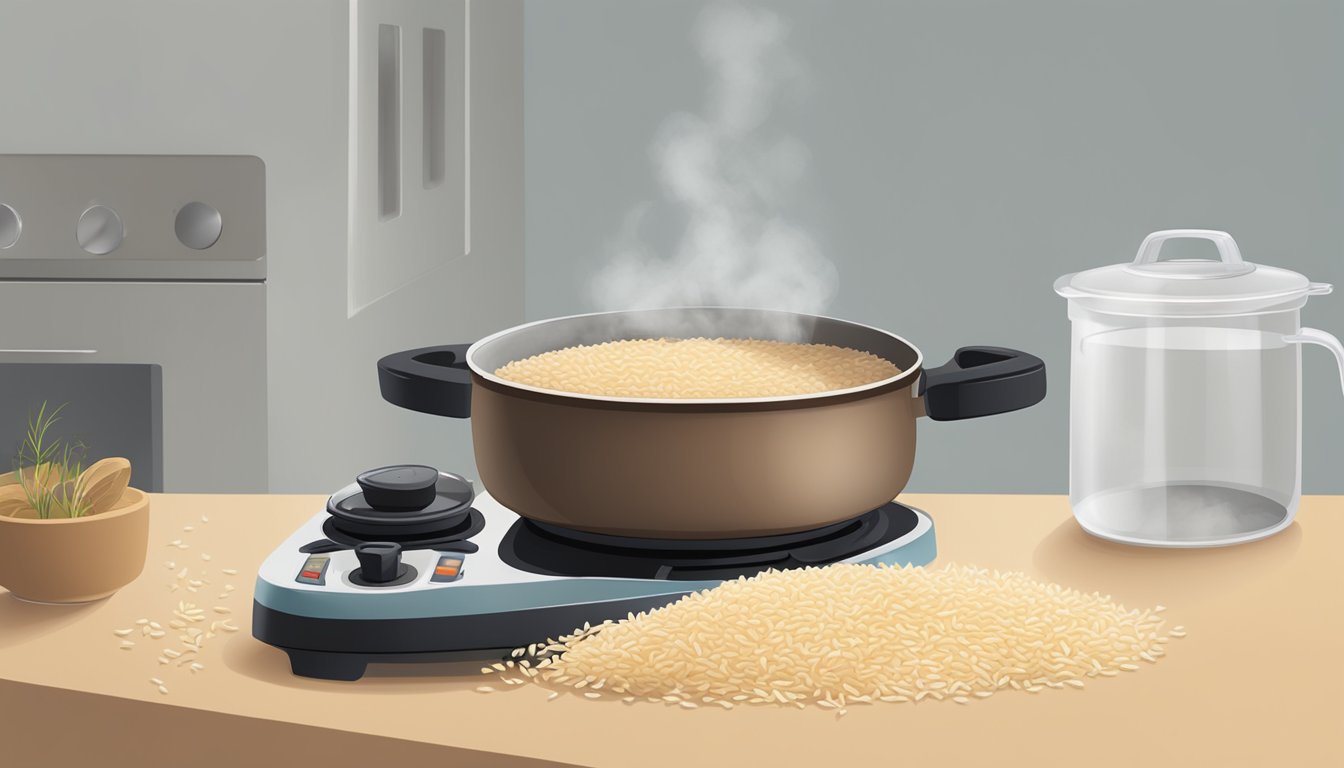 A pot of brown rice cooking on a stovetop, steam rising from the pot. A measuring cup filled with rice sits nearby