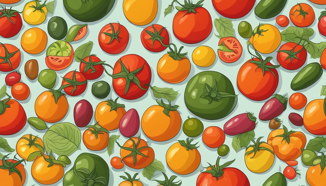 A colorful array of tomatoes in various sizes and shapes, arranged on a cutting board with a knife beside them