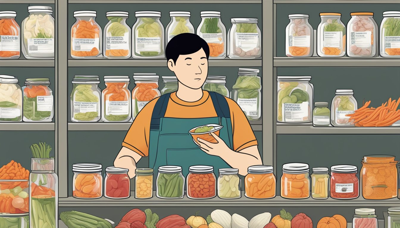 A person surrounded by various sizes of kimchi jars, with a puzzled expression while holding a spoon and looking at a nutrition label