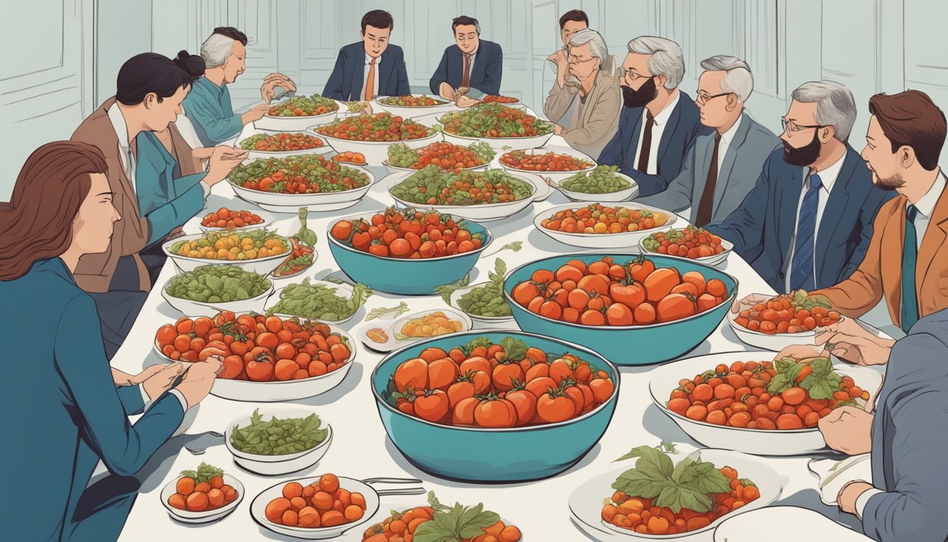 A table covered in various tomato dishes, surrounded by concerned individuals discussing tomato consumption