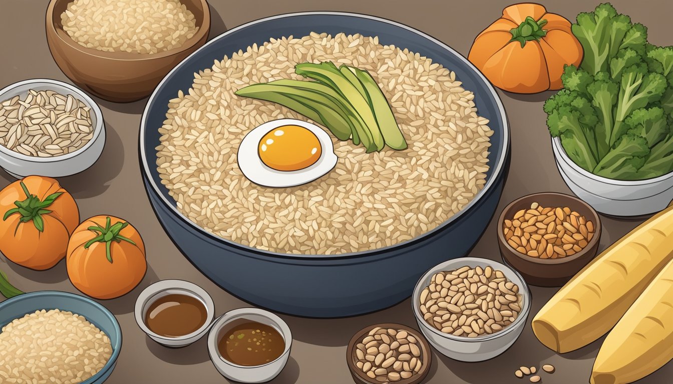 A bowl of brown rice surrounded by various other foods, such as vegetables, beans, and lean proteins, creating a balanced and diverse meal