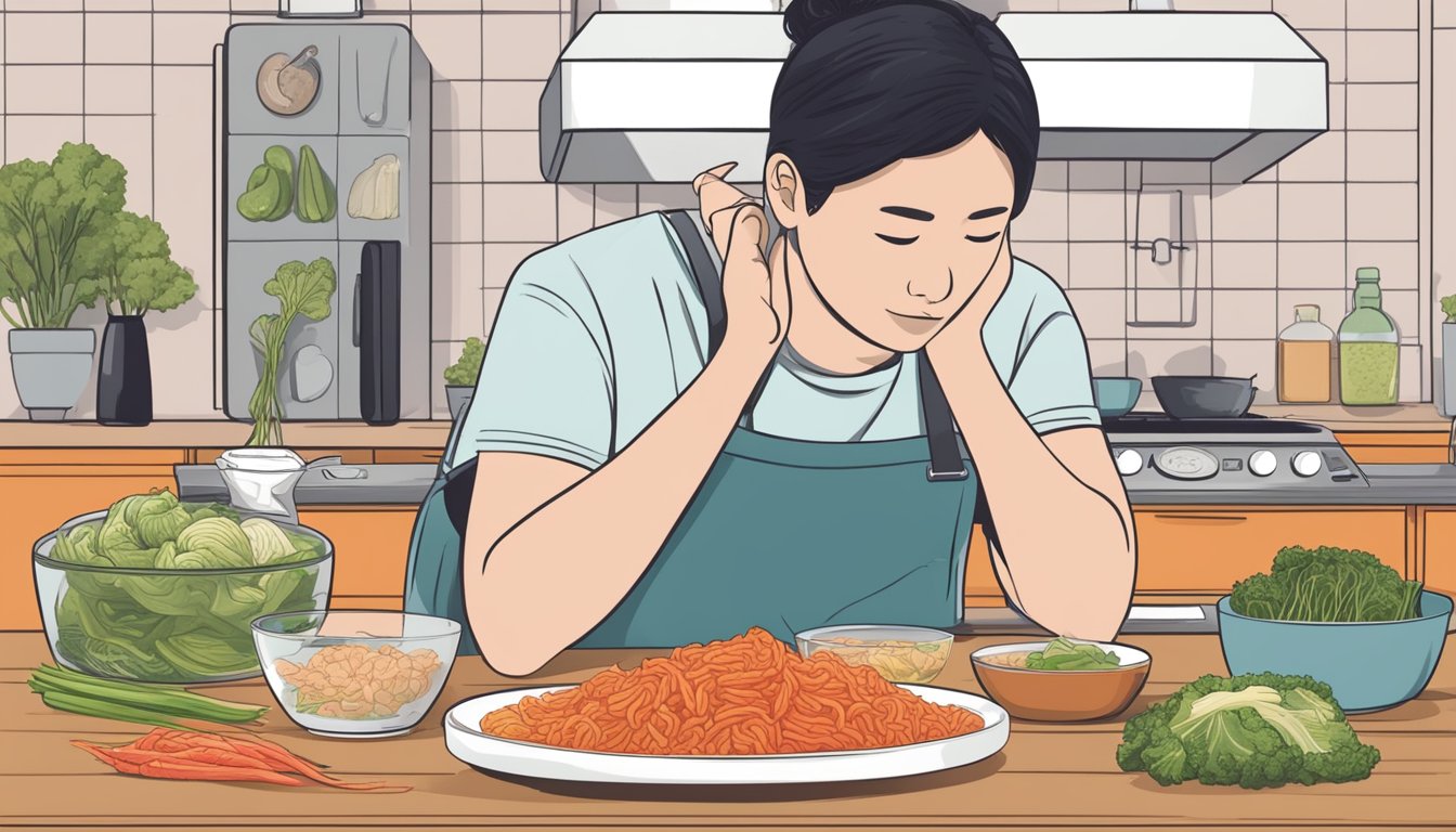 A table with various portions of kimchi, a measuring cup, and a person pondering over how much kimchi to consume per day for health benefits