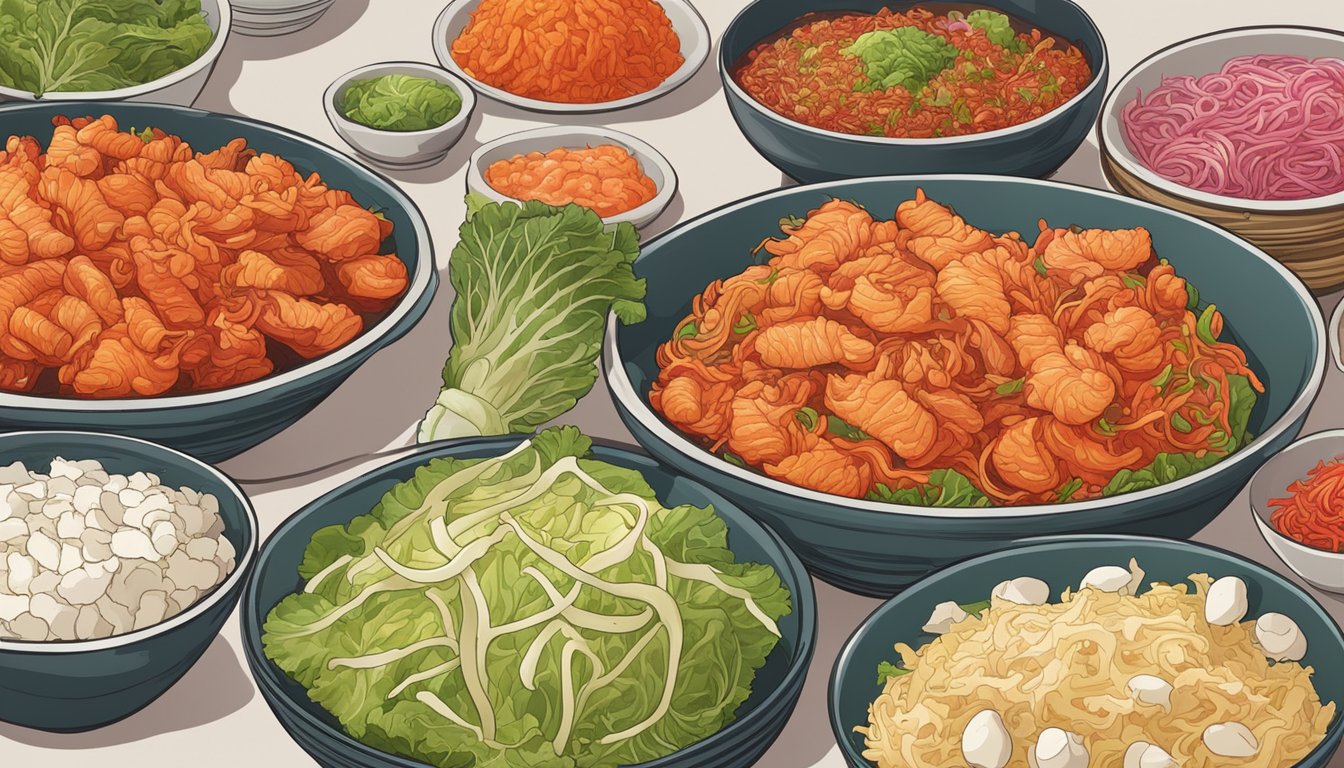 A table with various amounts of kimchi piled on plates, ranging from small to large servings, surrounded by scattered kimchi ingredients like cabbage, radish, and red pepper flakes