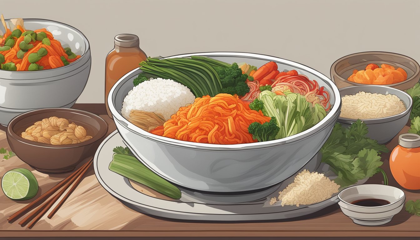 A bowl overflowing with kimchi, surrounded by various vegetables and spices, with a steaming plate of rice on the side