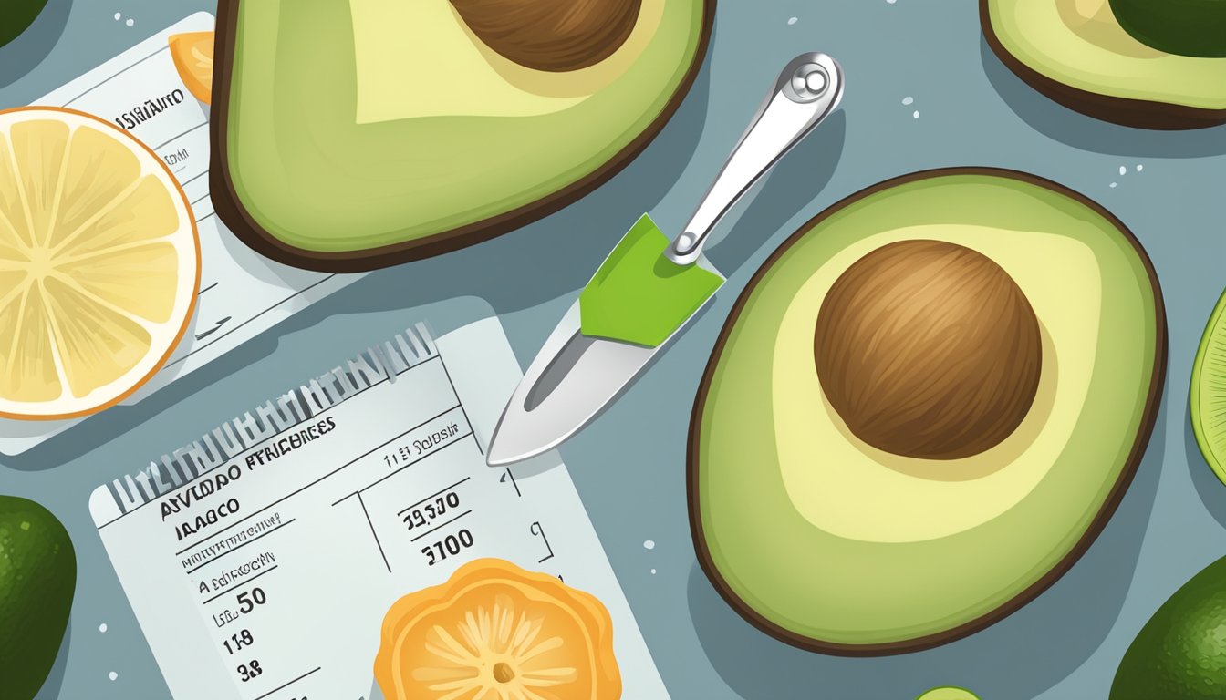 A table with various portions of avocado, a measuring tool, and a nutrition label