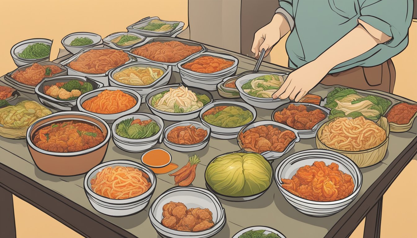 A table with various portions of kimchi, ranging from small to large, with a person pondering over them