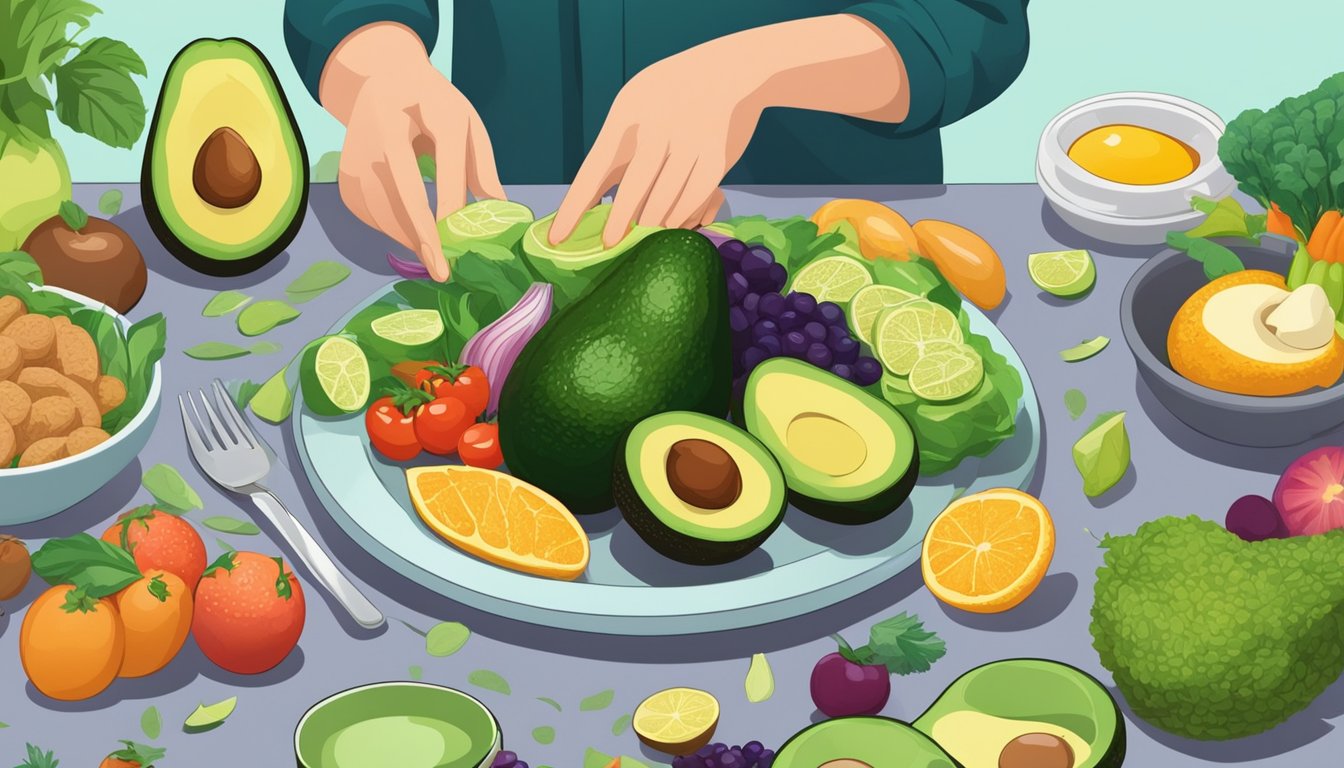 A table with various avocado dishes, surrounded by a variety of fruits and vegetables. A nutritionist is pointing to a serving size chart