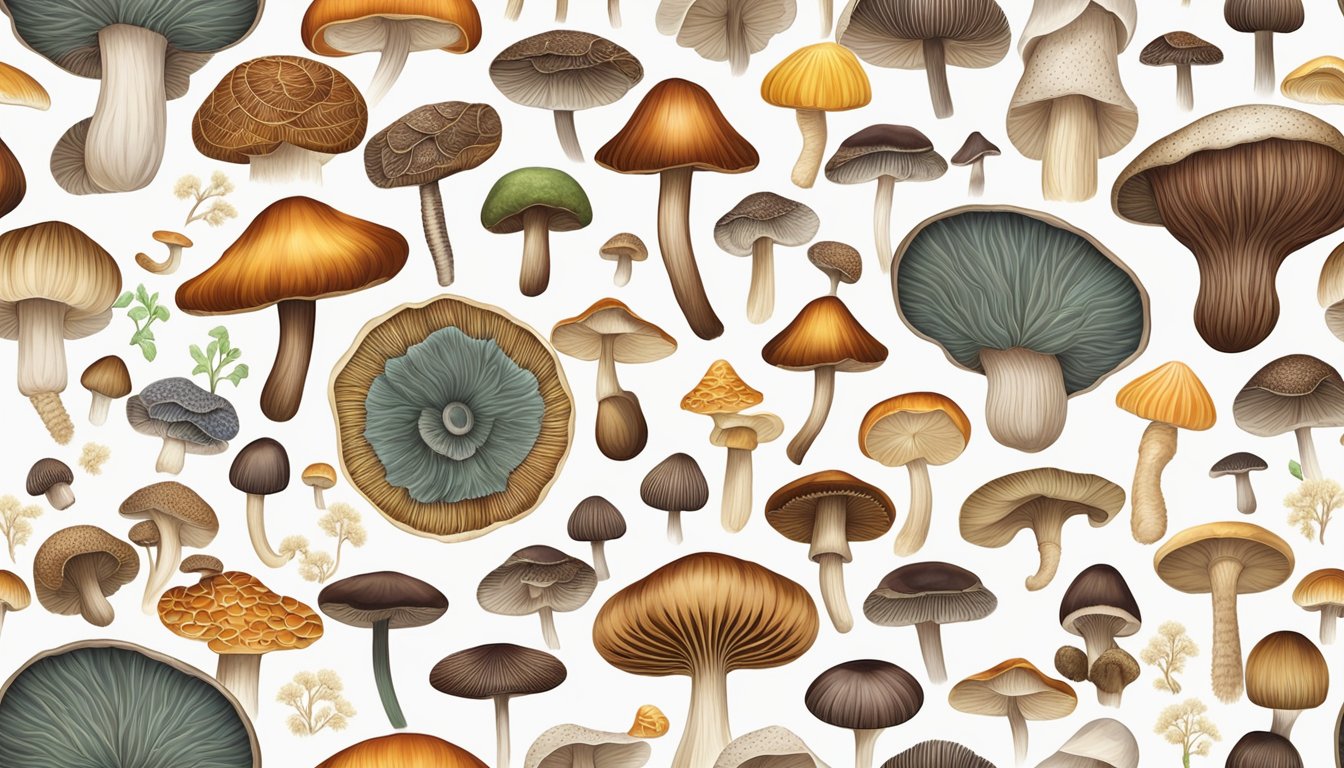 A variety of mushrooms arranged in a circular pattern, with different shapes, sizes, and colors