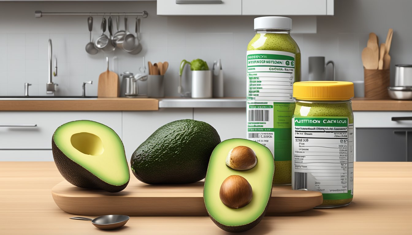 A pile of avocados stacked on a kitchen counter, with a measuring cup next to them. A nutrition label sits nearby, with a caution sign in the background