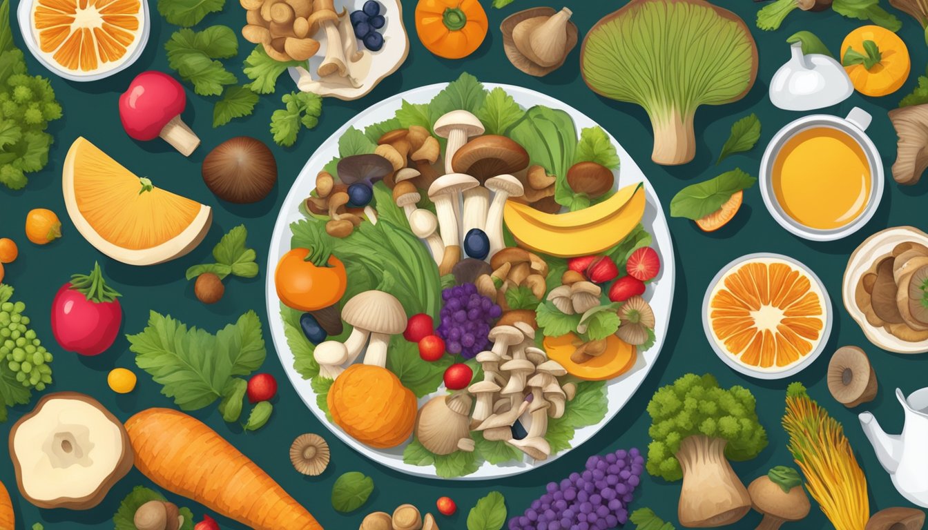 A table set with a variety of mushrooms, surrounded by colorful fruits and vegetables. A person is seen enjoying a mushroom dish