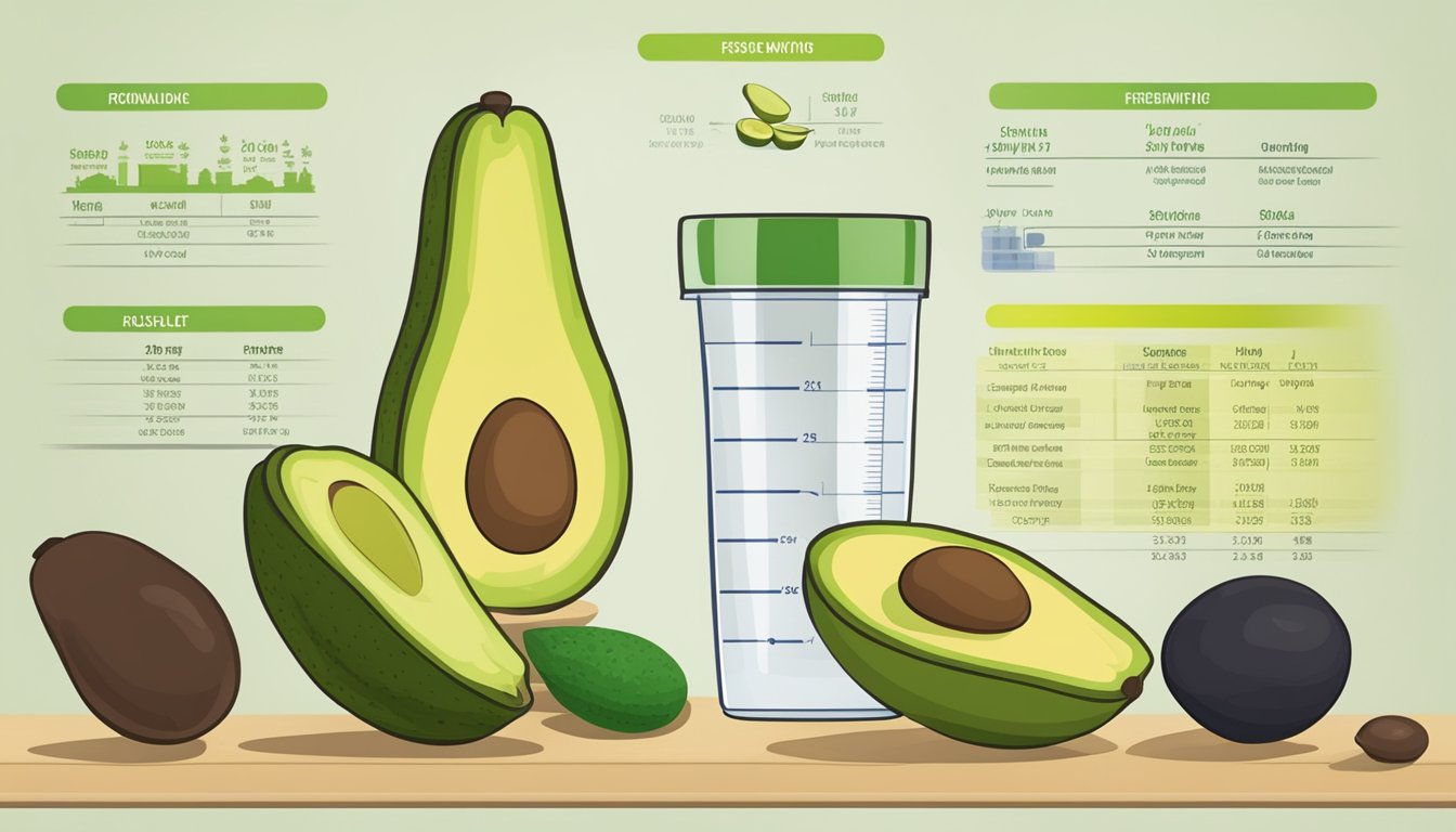 A table with multiple avocados, a measuring cup, and a chart showing recommended serving sizes and frequency