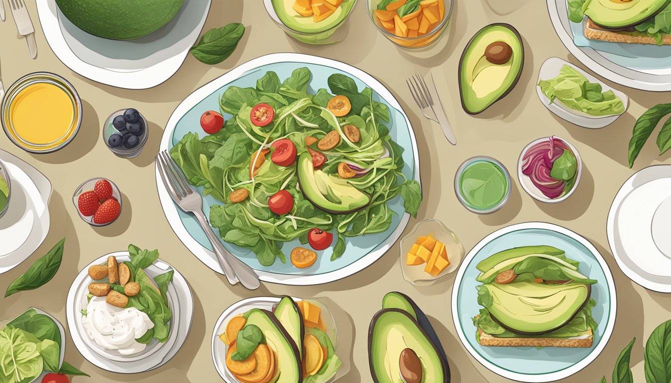 A table with different meal plans, including salads, smoothies, and sandwiches, each featuring a serving of avocado