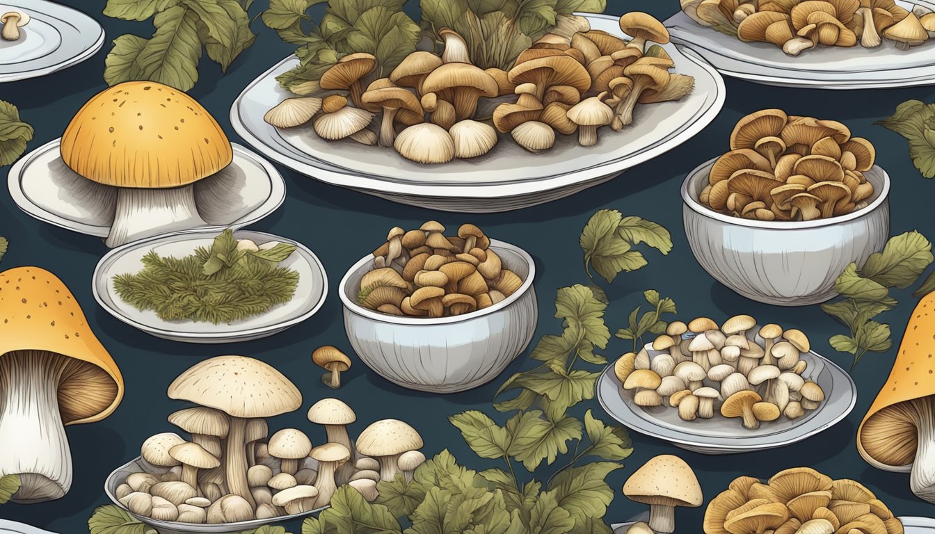 A plate with a variety of mushrooms, some whole and some sliced, arranged in a visually appealing manner