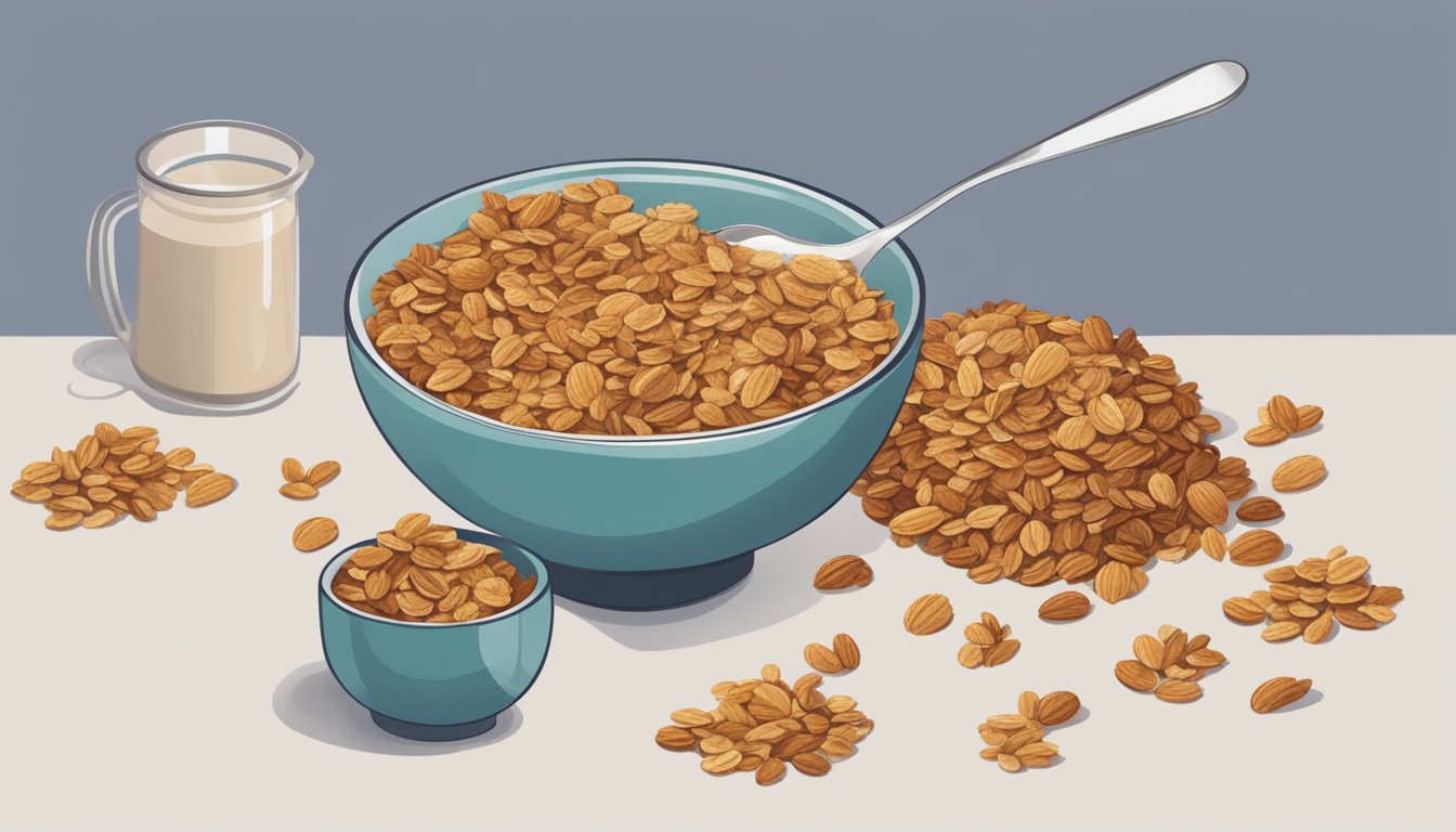 A bowl overflowing with granola sits next to a measuring cup, with a pile of granola spilling out