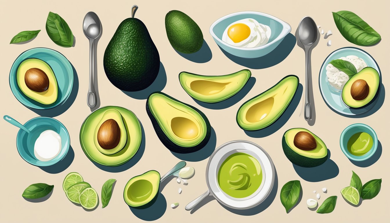 A table with various avocado dishes, surrounded by measuring cups and spoons. A hand reaching for a second serving