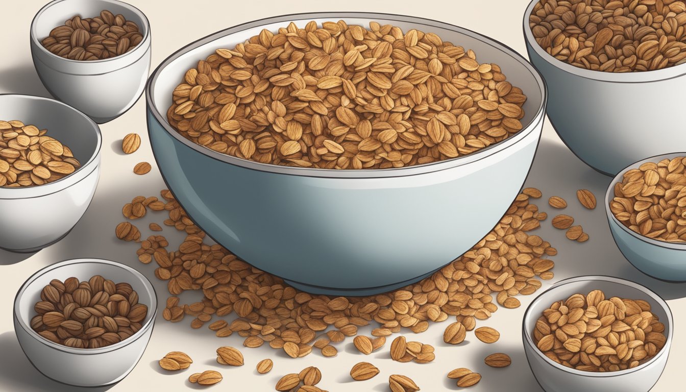 A bowl overflowing with granola, surrounded by empty bowls