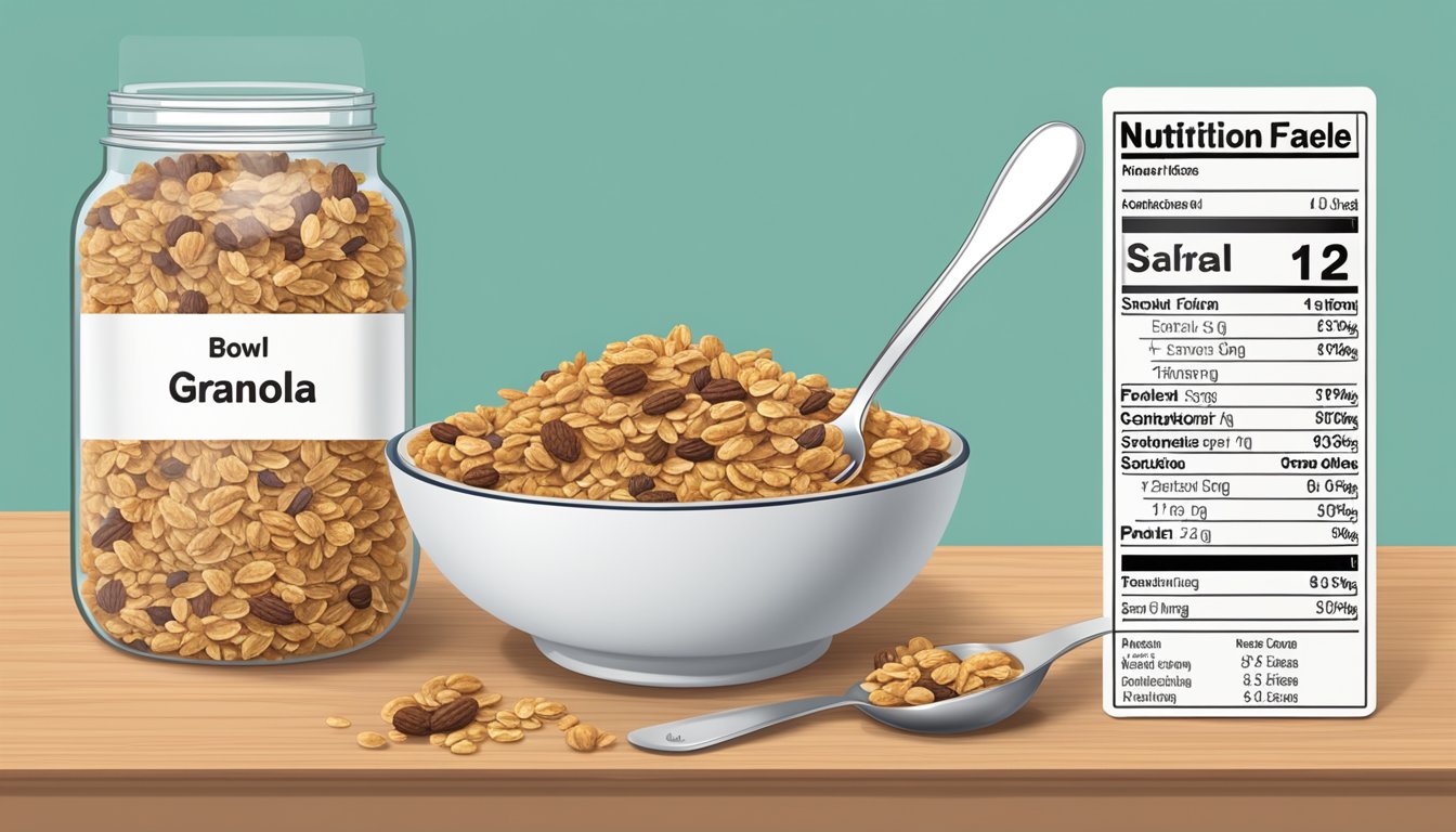 A bowl of granola with a spoon, next to a measuring cup and a nutrition label