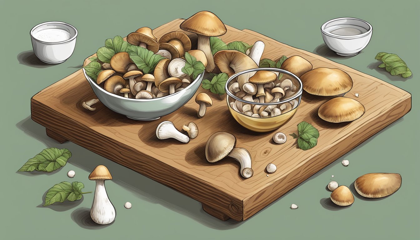 A table with a variety of mushrooms, a measuring cup, and a question mark