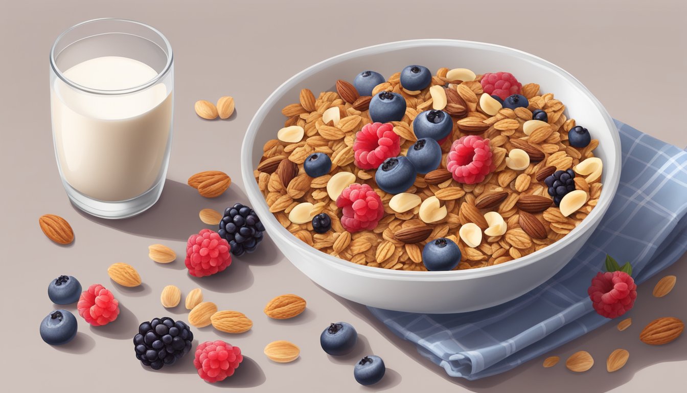 A bowl of granola overflowing with nuts, seeds, and dried fruit, surrounded by fresh berries and a glass of milk