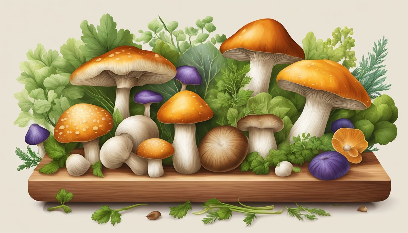 A colorful array of assorted mushrooms arranged on a wooden cutting board, surrounded by fresh herbs and vegetables