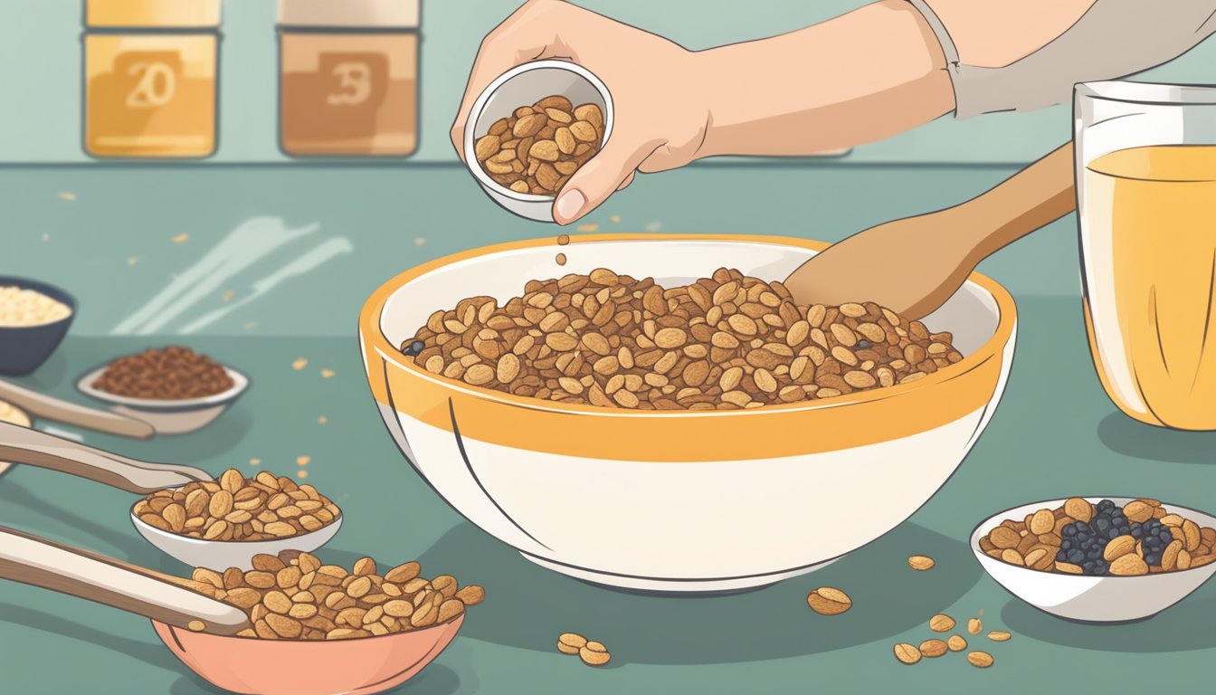 A person pouring a bowl of granola with various dietary restriction symbols in the background