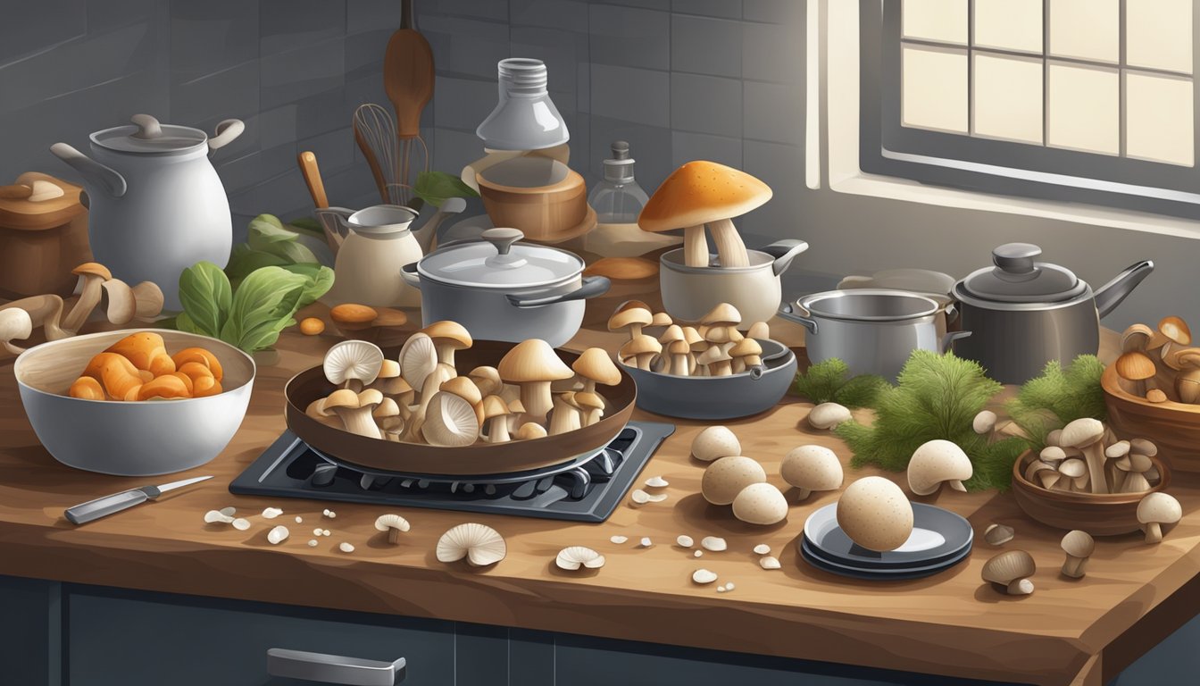 A variety of mushrooms arranged in a kitchen, with a chef's knife and cutting board nearby. A pot of water steams on the stove