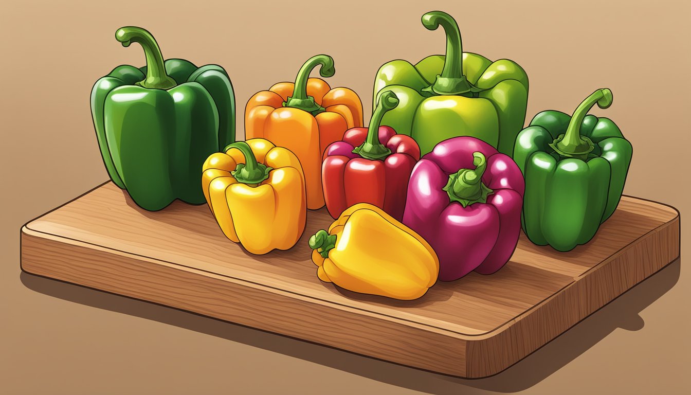 A colorful array of bell peppers in different sizes, shapes, and colors, arranged on a wooden cutting board