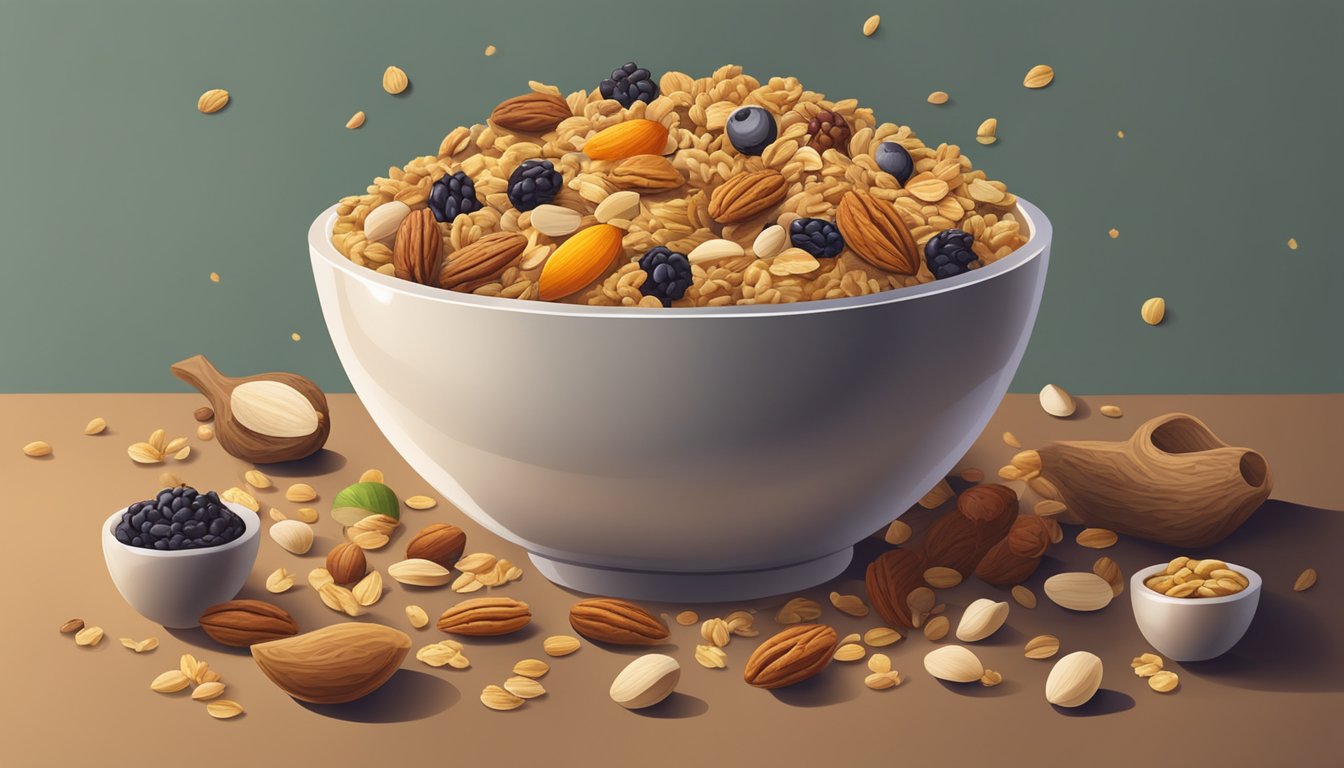 A bowl overflowing with granola, surrounded by various nuts, seeds, and dried fruits