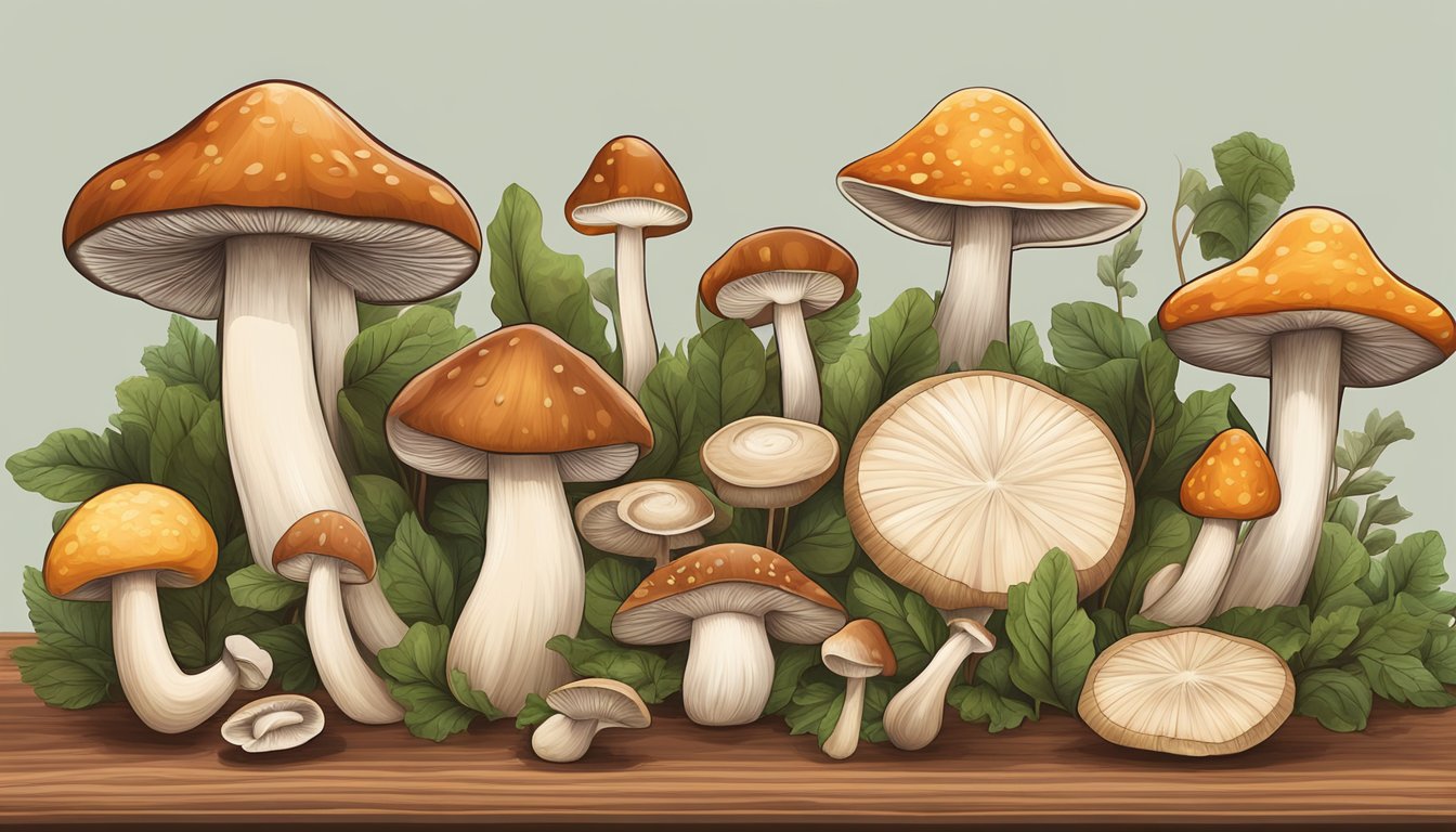 A variety of mushrooms arranged on a wooden cutting board, with some sliced, some whole, and others in different shapes and sizes