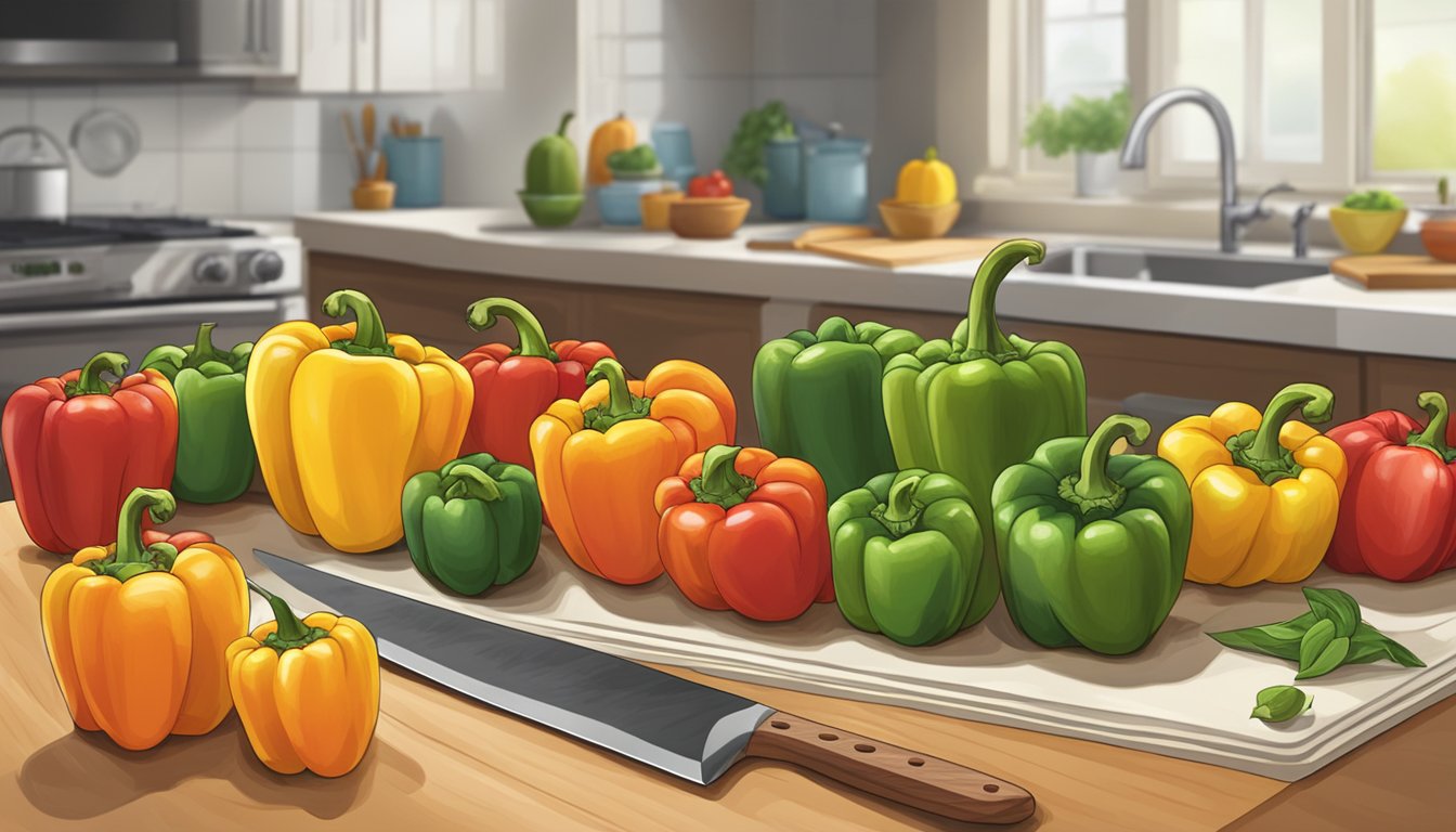 A colorful array of bell peppers piled on a kitchen counter, with a knife and cutting board nearby