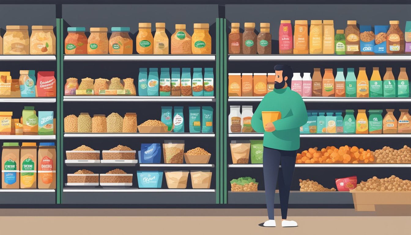 A person standing in front of a grocery store shelf, comparing different granola brands and reading the nutrition labels