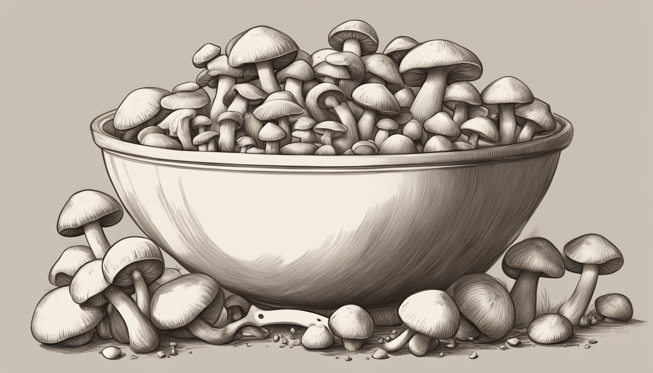 A pile of mushrooms overflowing from a bowl, with a measuring cup nearby