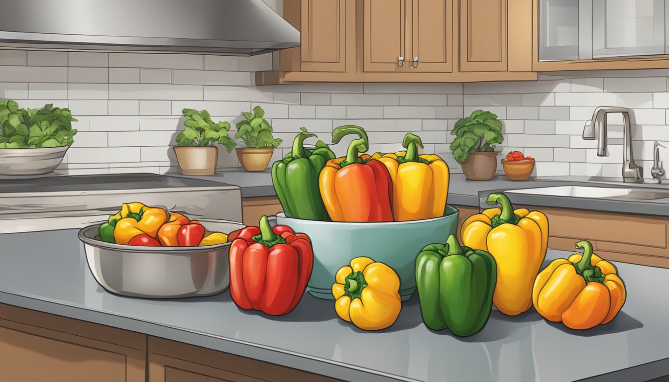 A colorful array of bell peppers, varying in size and color, displayed on a kitchen counter. A small pile of sliced peppers sits next to a measuring cup