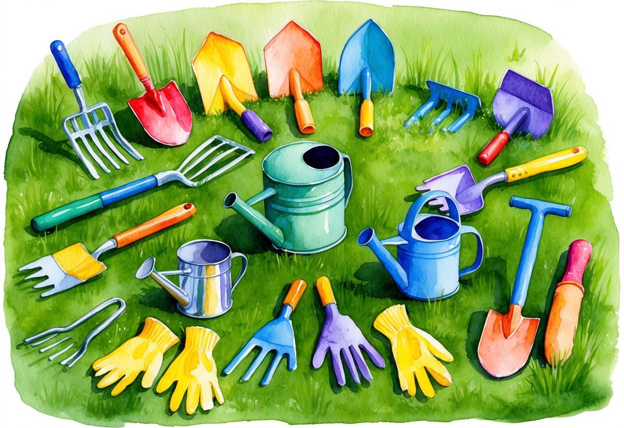 A colorful array of child-sized gardening tools arranged on a grassy patch, including small shovels, rakes, watering cans, and gloves
