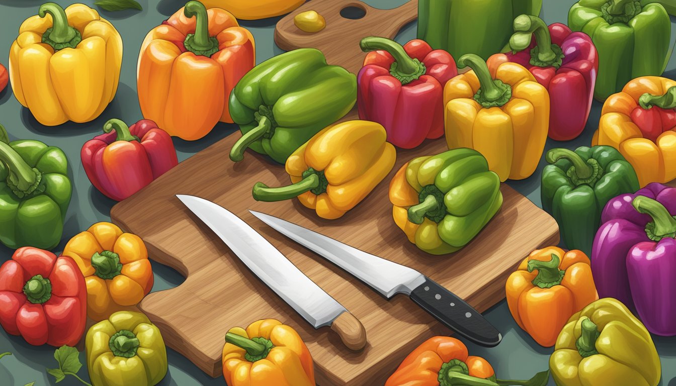 A colorful array of bell peppers piled on a cutting board, with a knife nearby