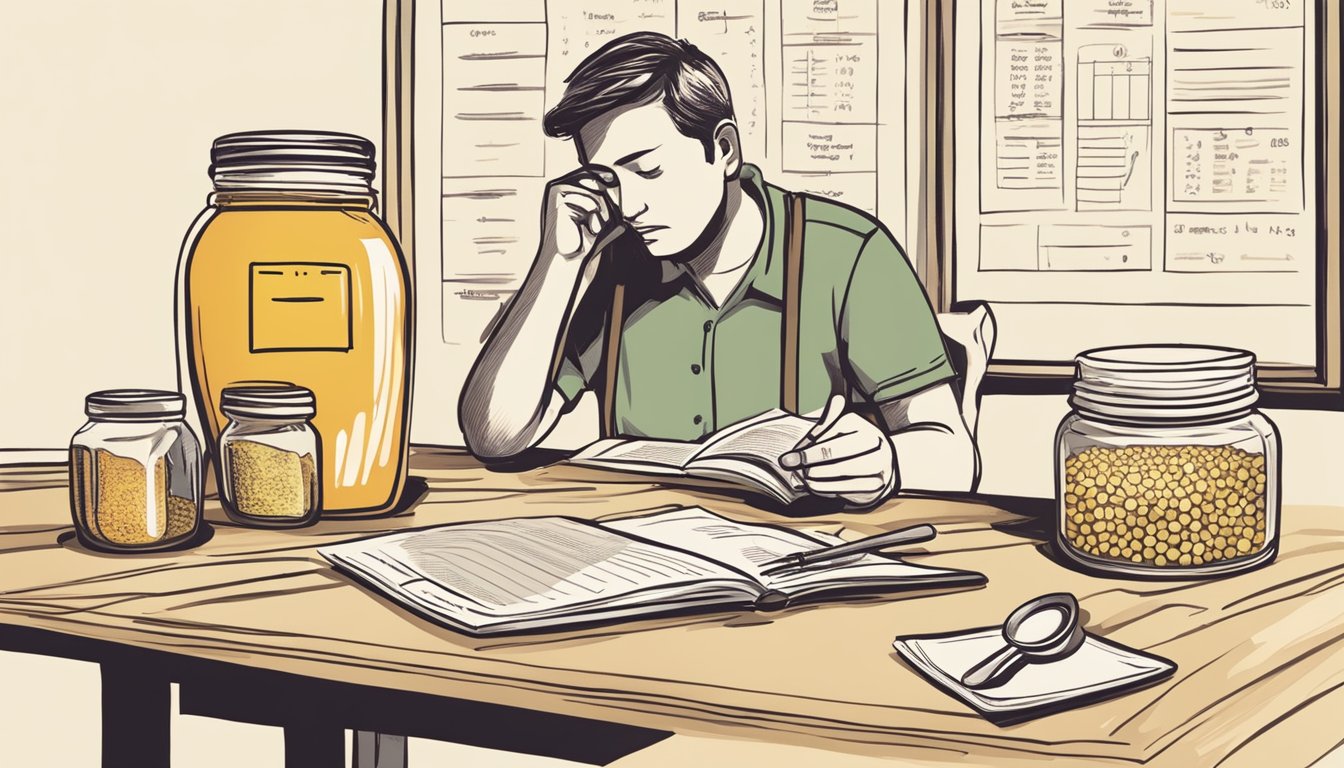 A table with various honey jars, a measuring spoon, and a daily intake chart. A person looking concerned while reading a health article about honey