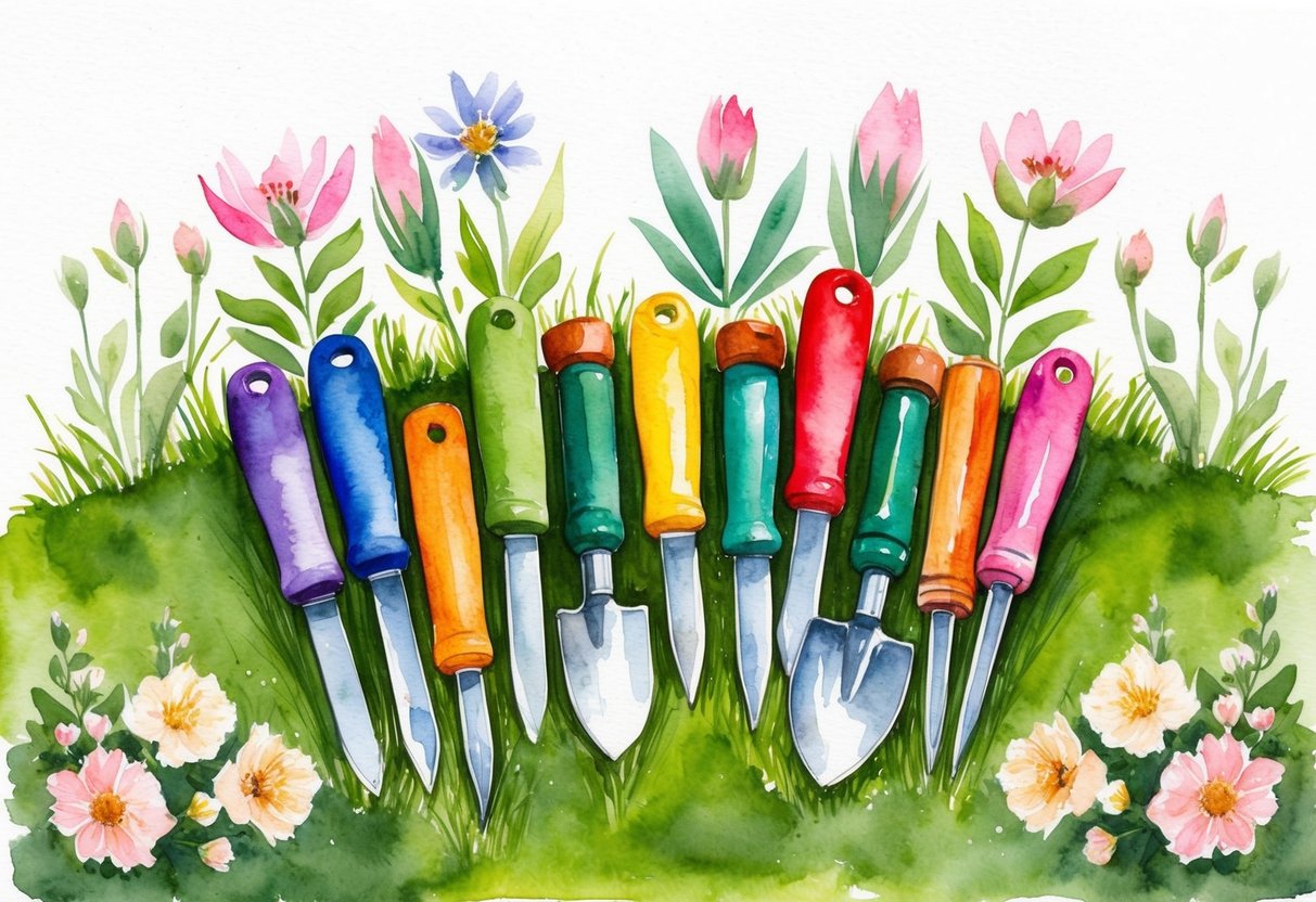A group of colorful child-sized gardening tools arranged neatly on a patch of green grass, surrounded by blooming flowers and budding plants