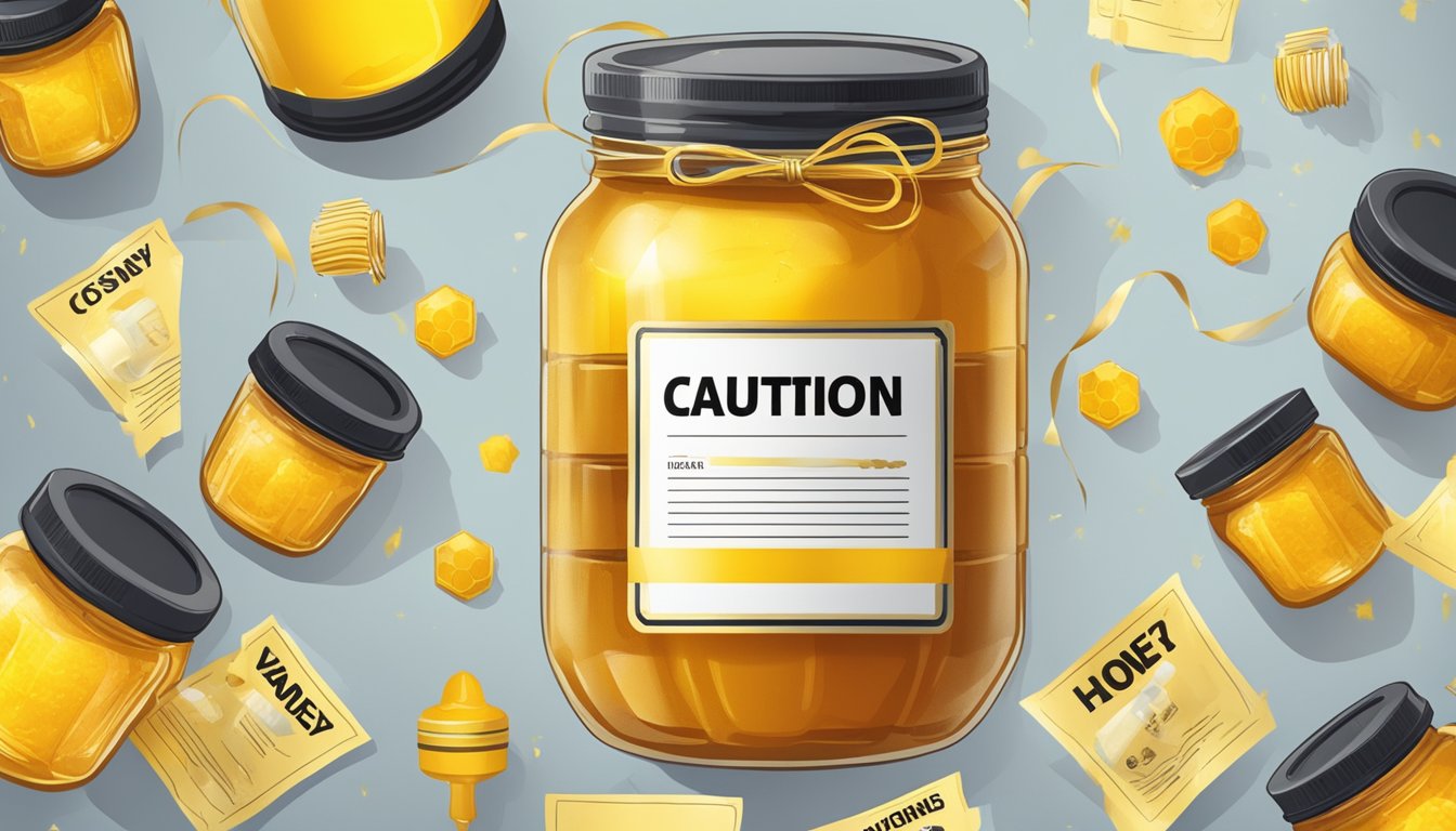 A jar of overflowing honey surrounded by warning signs and caution tape