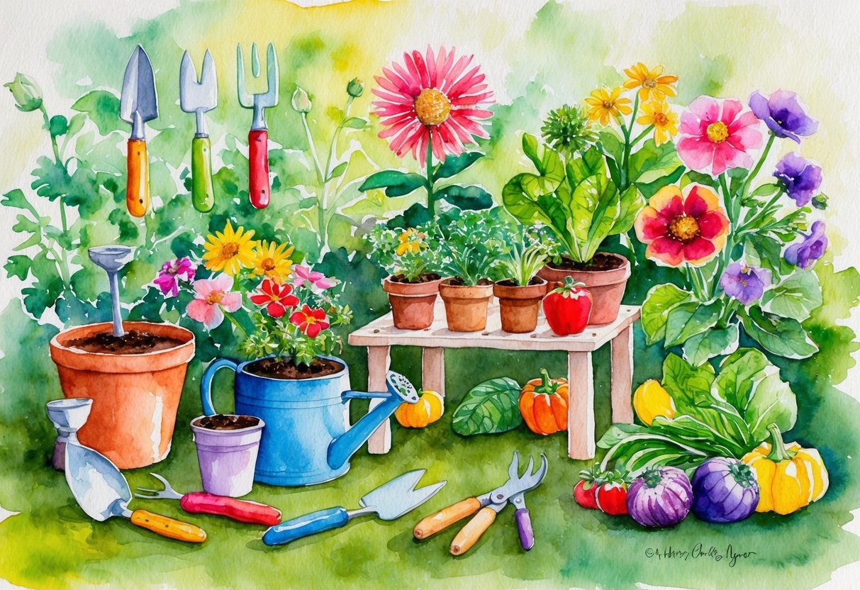 A colorful garden with small, child-sized gardening tools, a low table for potting, and a variety of vibrant flowers and vegetables