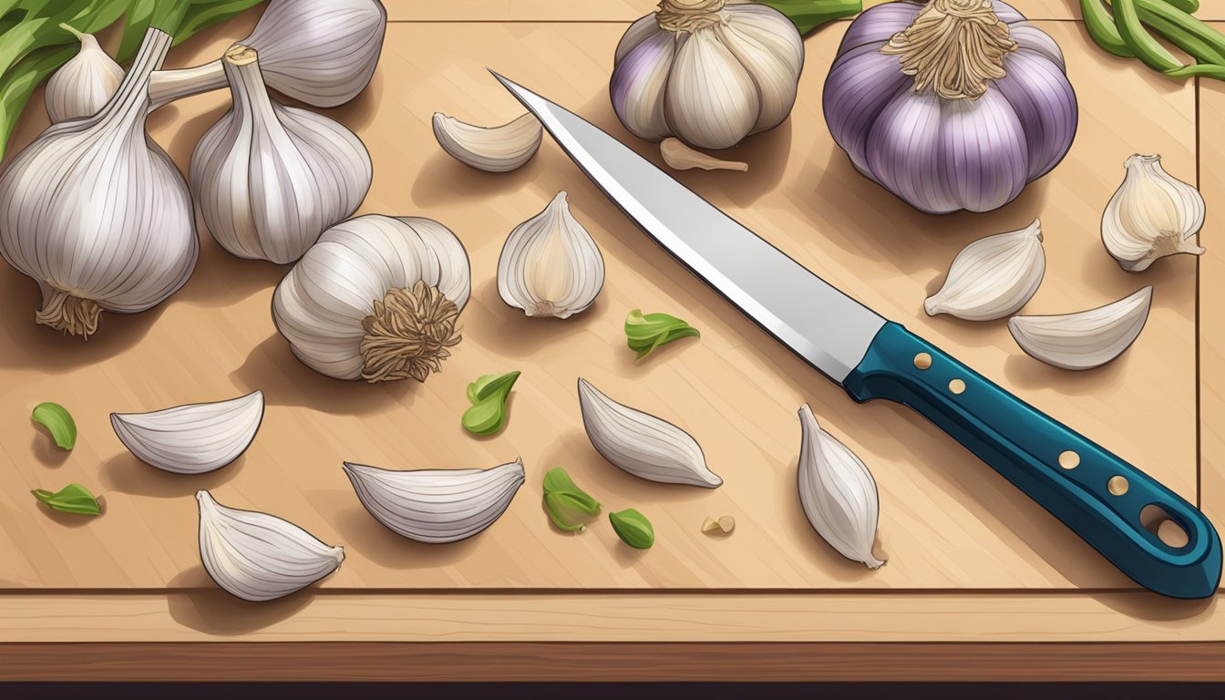 A kitchen counter with a pile of garlic cloves, a knife, and a cutting board