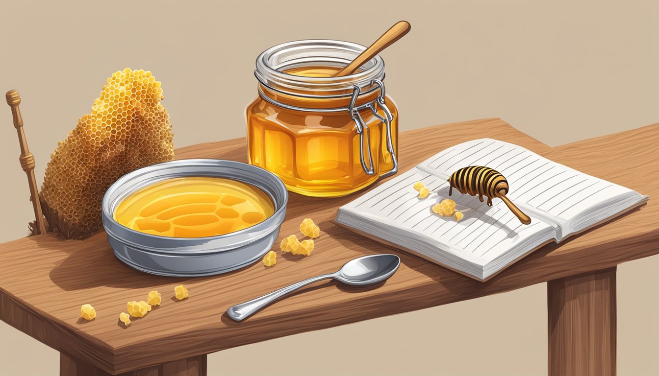 A table with a jar of honey, a spoon, and a measuring cup next to a stack of honeycomb and a beehive