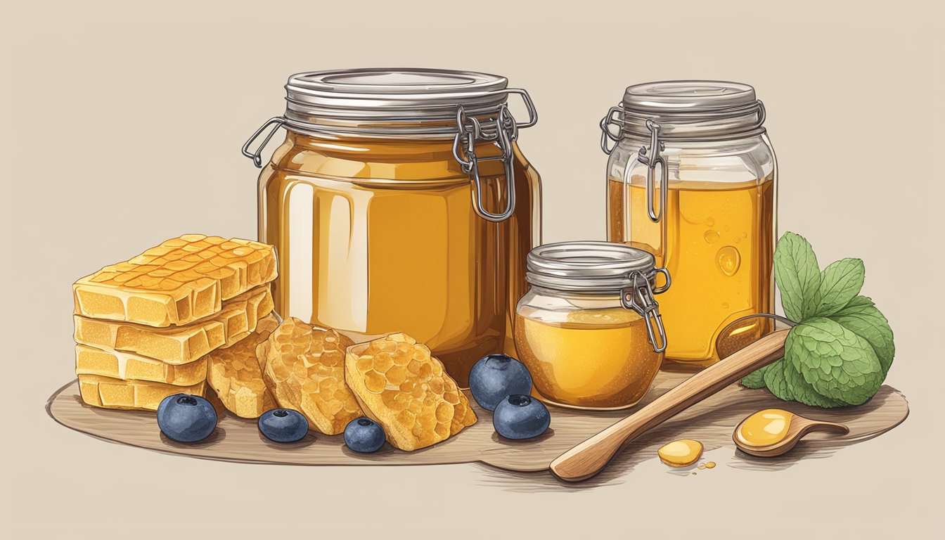 A jar of honey surrounded by various foods, with a measuring spoon nearby