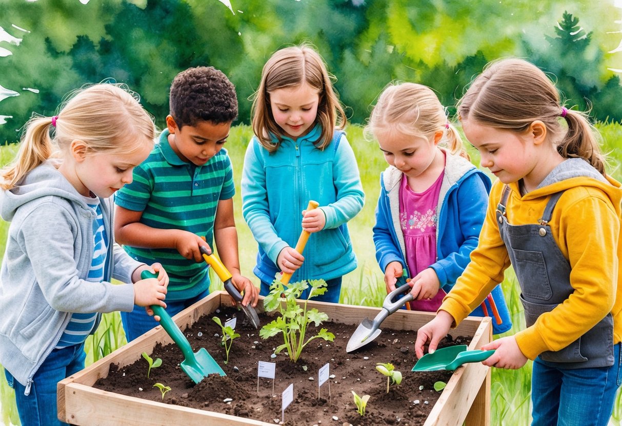 A group of children are gathered around a small garden plot, each holding kid-sized gardening tools. They are planting seeds and learning about nature through hands-on experience